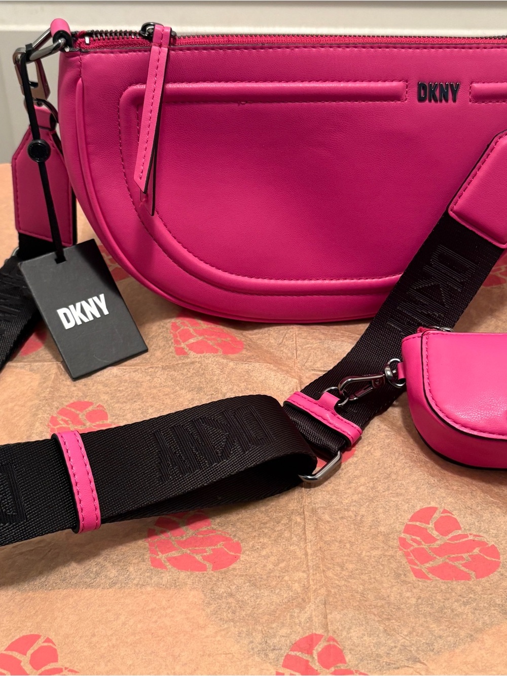 DKNY Hot Pink Crescent Crossbody with Black Logo Strap